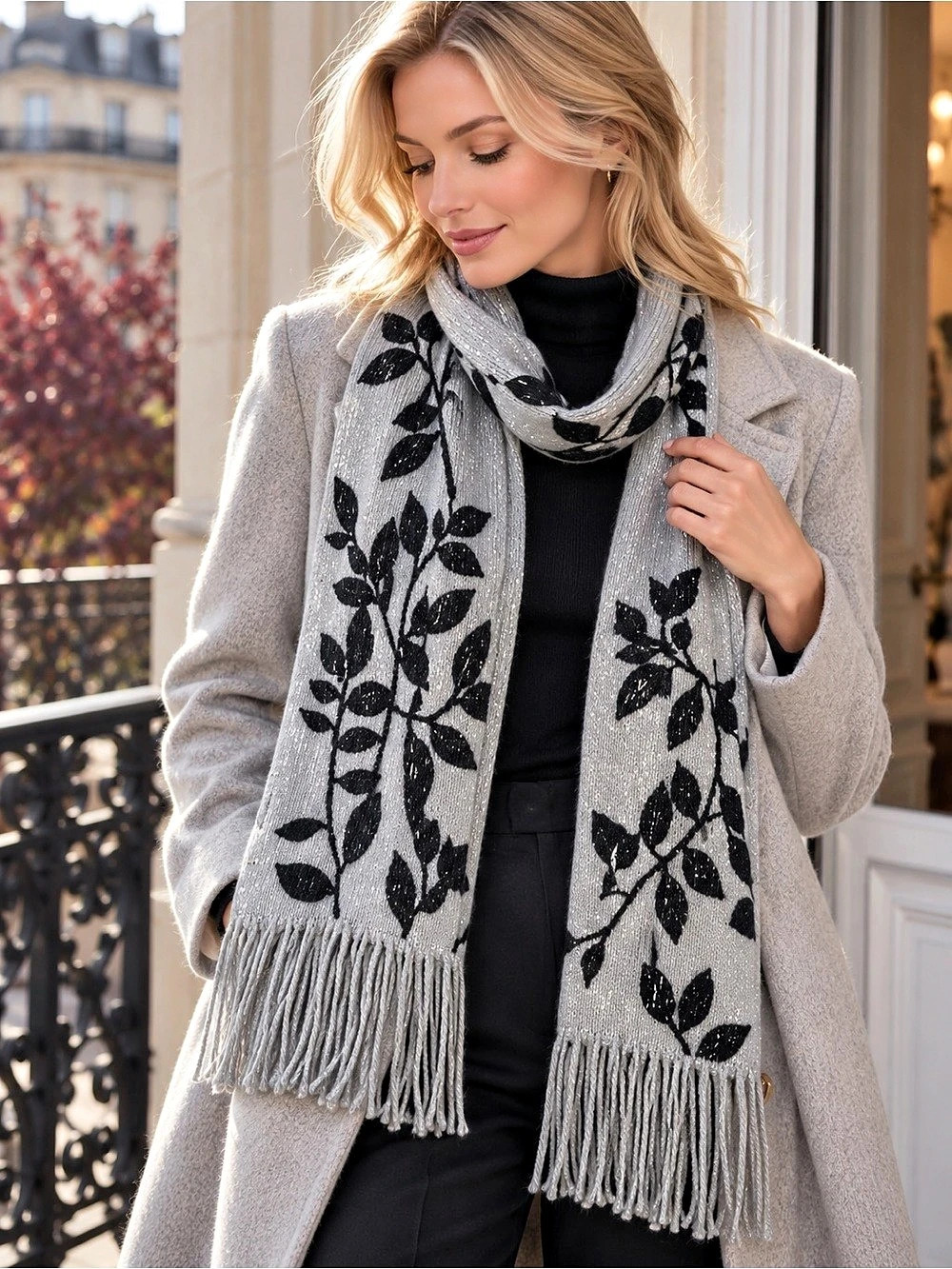 Cejon Metallic Botanical Scarf Gray & Black Leaf NWOT 76" x 9"